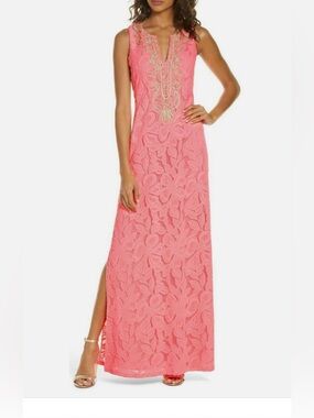 NEW WITH TAGS! Lilly Pulitzer Carlotta Coral/Gold Lace Maxi Dress. Size 6